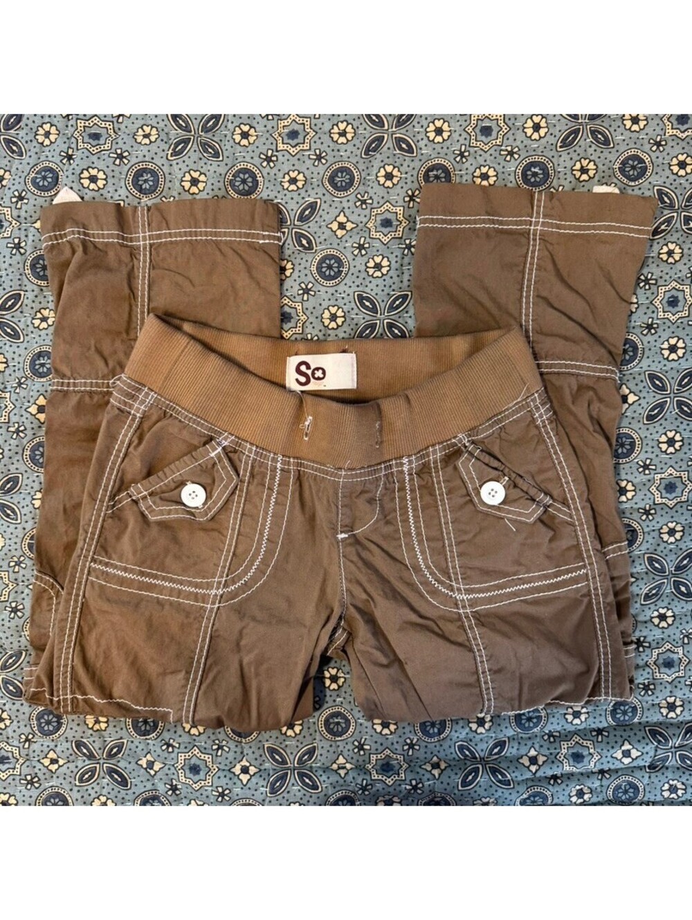 So Y2K brown low rise cargo capri utility pants ripped waist size 1